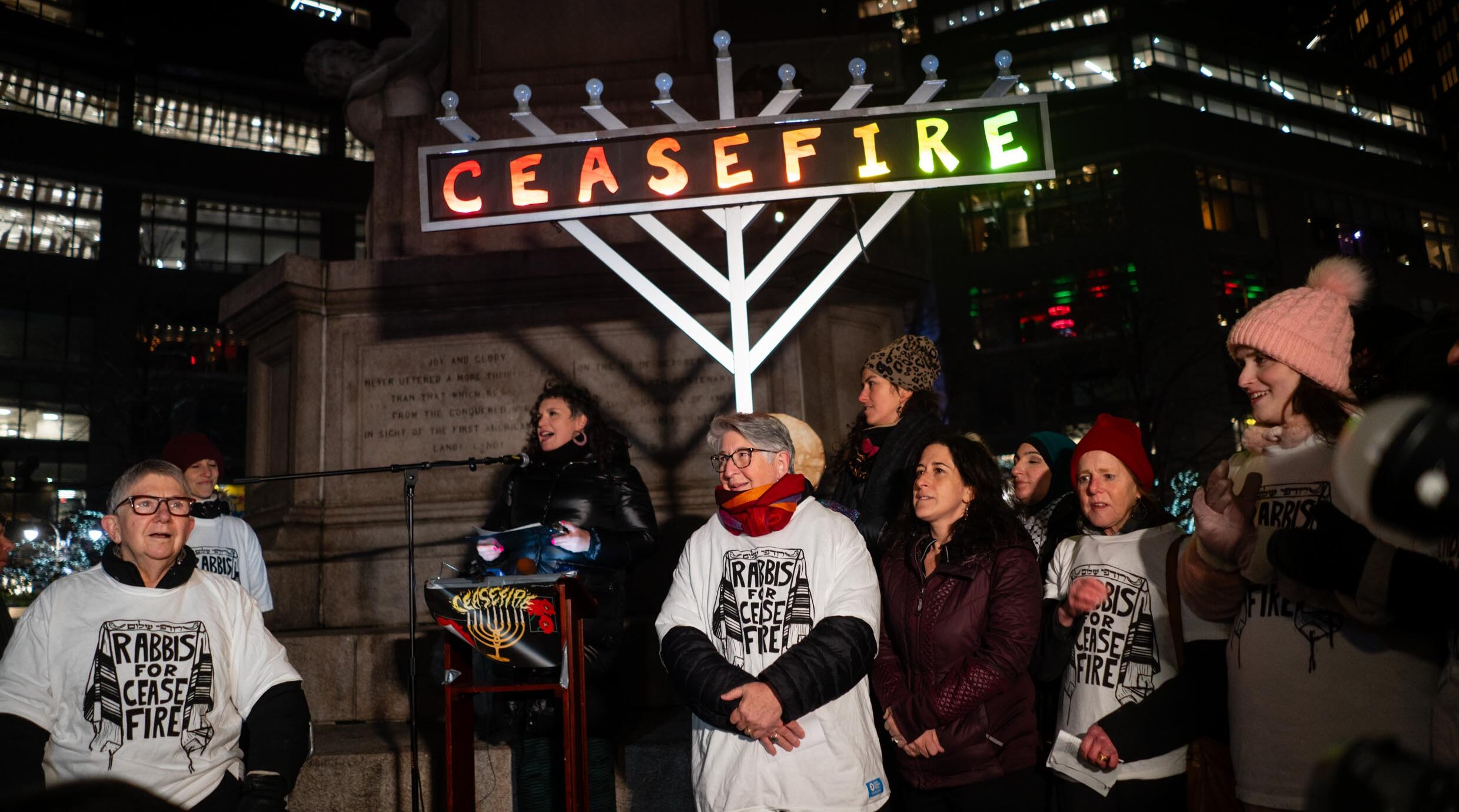 Left-wing activists rally in support of a ceasefire between Israel and Hamas on the first night of Hannukah in Columbus Circle, New York City, Dec. 7, 2023. (Luke Tress)