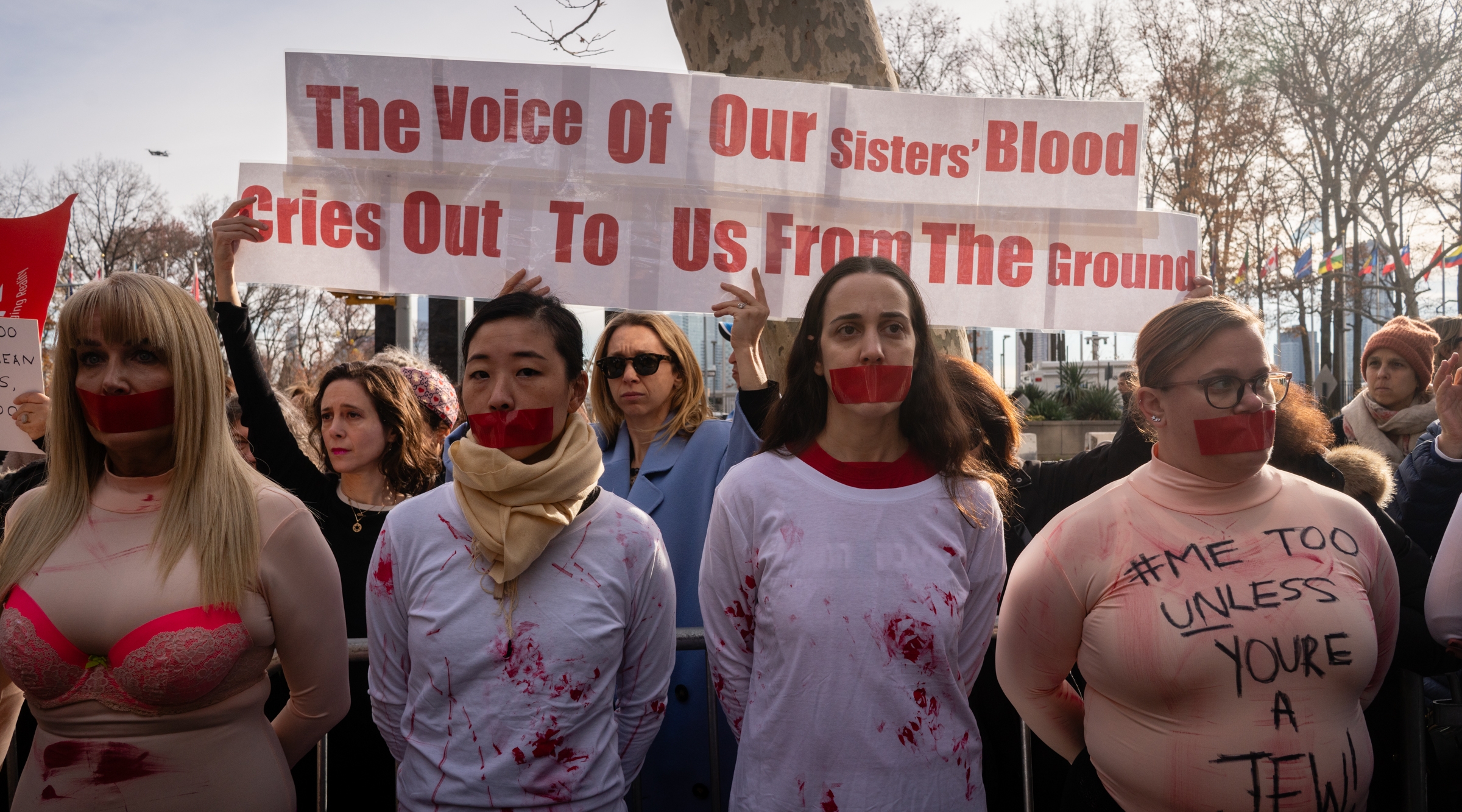 As evidence mounted of Hamas sexual violence against Israeli women, pro-Israel activists expressed outrage with the international community for its silence on the issue, holding rallies outside the United Nations, Dec. 4, 2024. (Luke Tress)