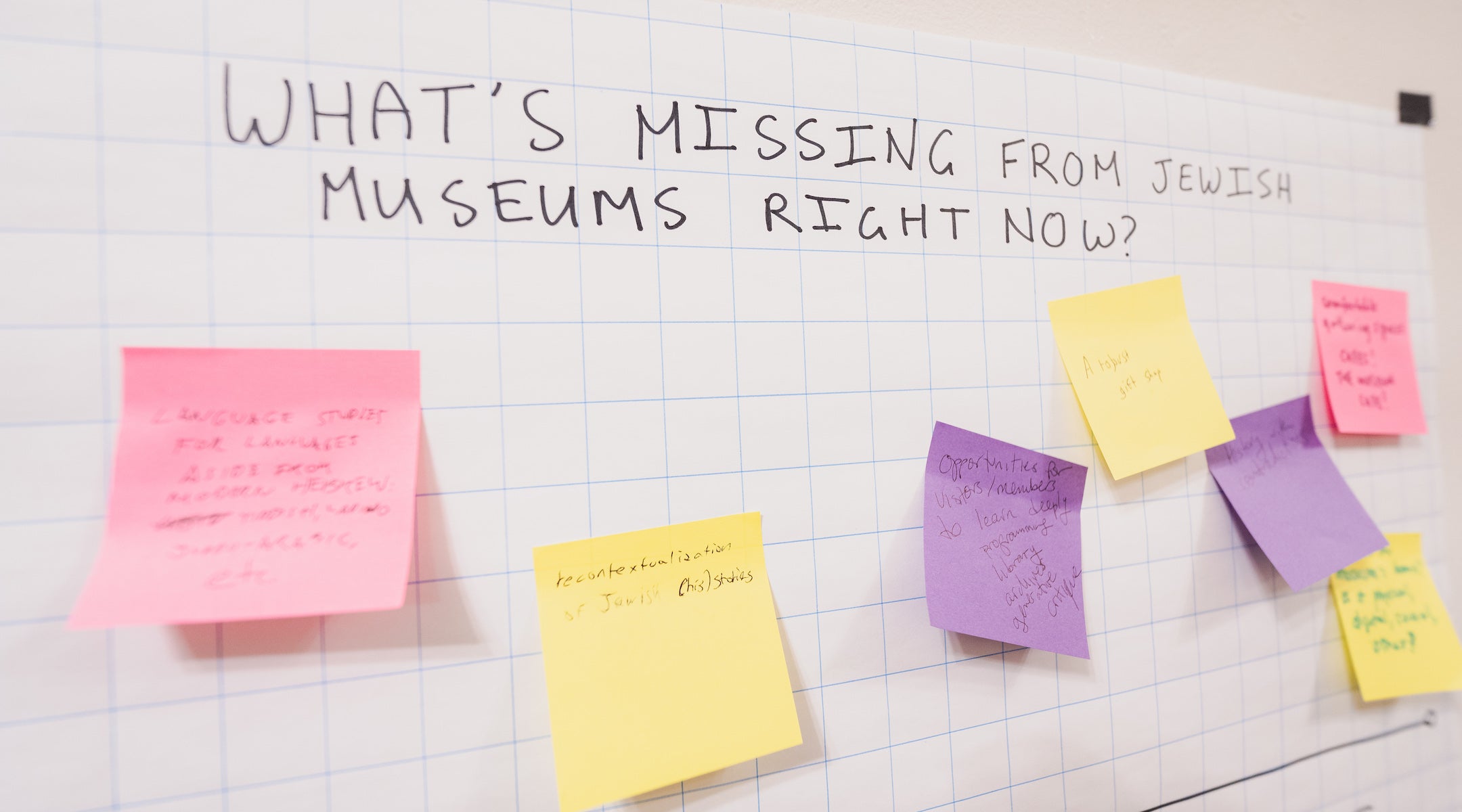 A photo of post-it notes under a sign reading "What's missing from Jewish Museums right now?"